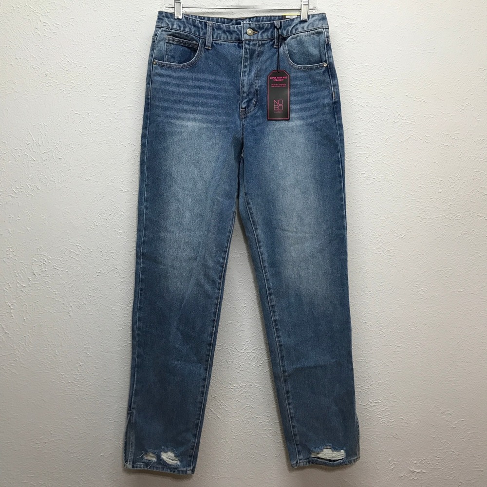 No Boundaries Straight Jeans Womens 11 Blue Super High Rise Split Hem Distress